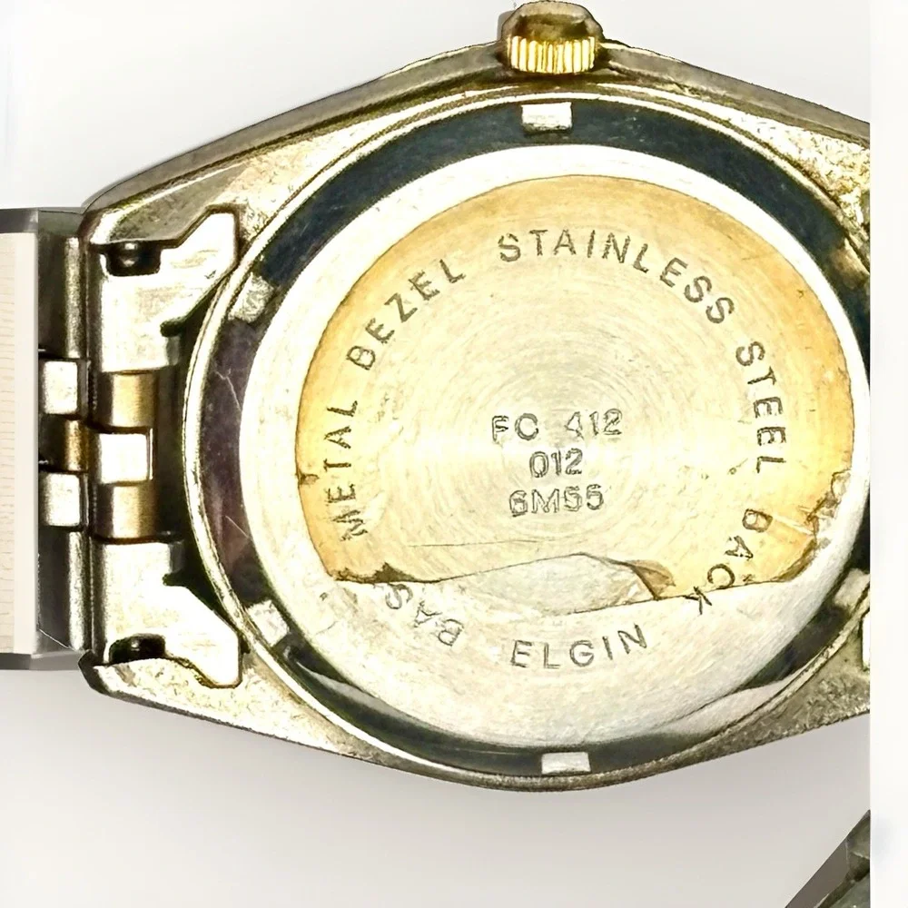 Vintage Elgin FC412 6M55 Two-Tone Day-Date Quartz Men's Watch 100ft